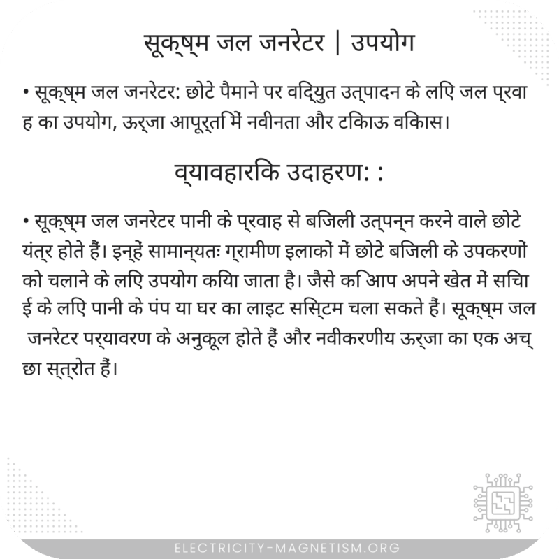 सूक्ष्म जल जनरेटर | उपयोग