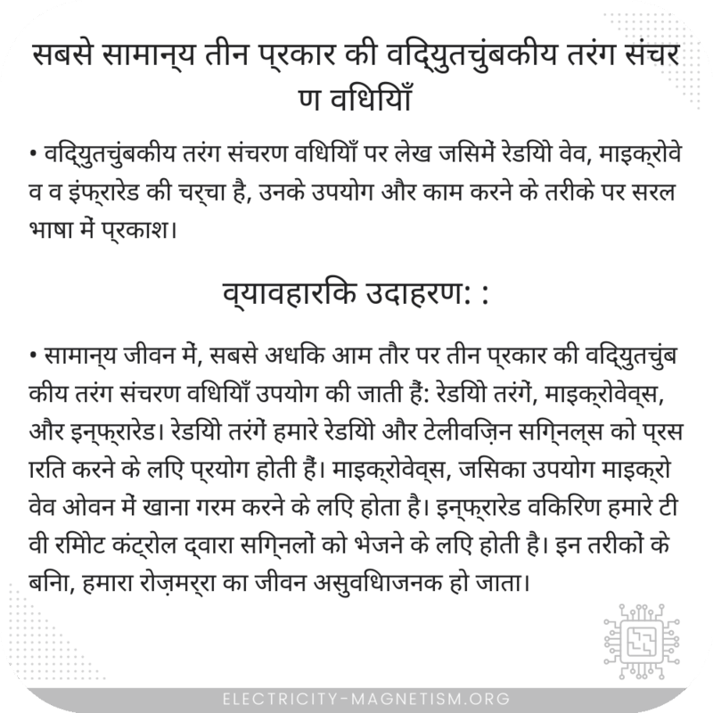 सबसे सामान्य तीन प्रकार की विद्युतचुंबकीय तरंग संचरण विधियाँ